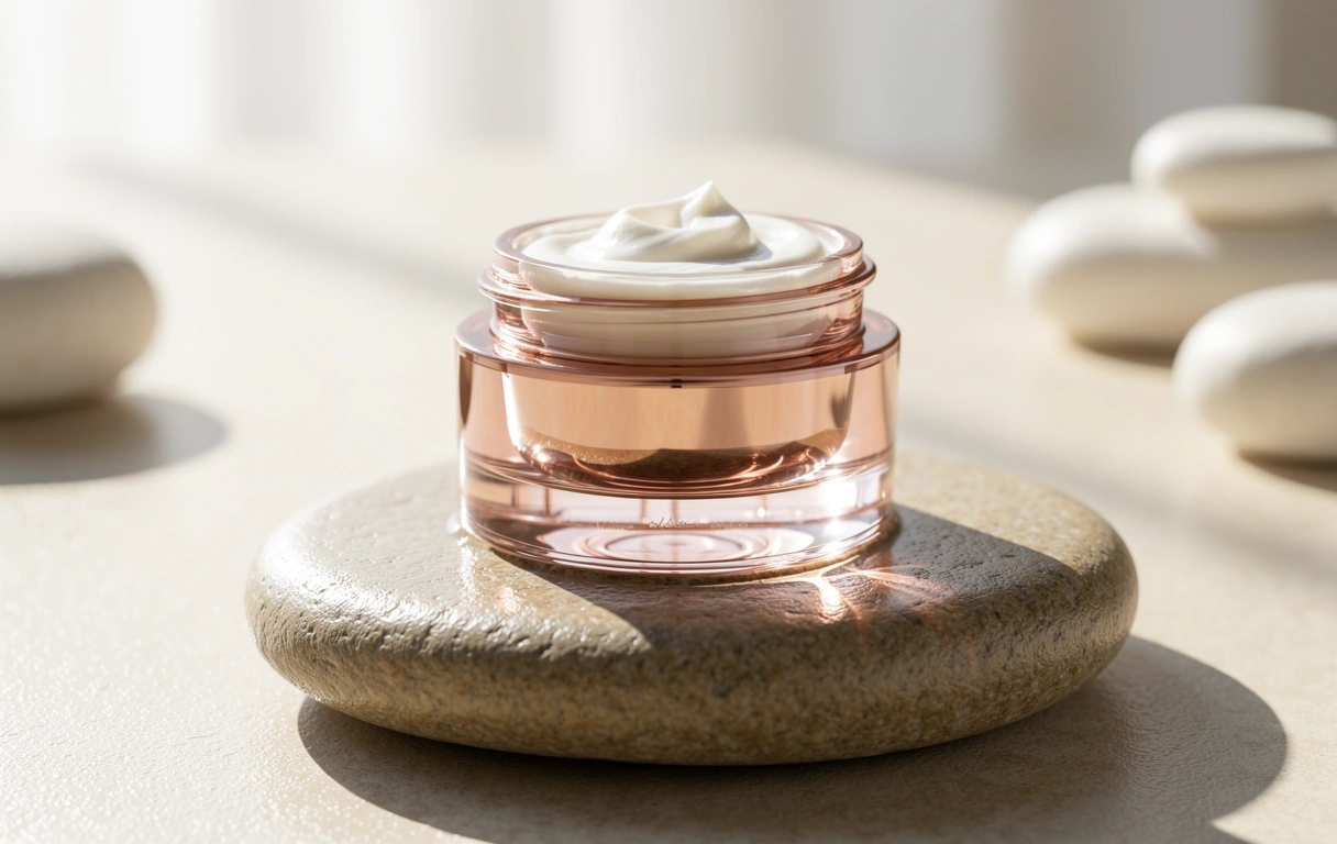 Premium collagen face cream on natural stone